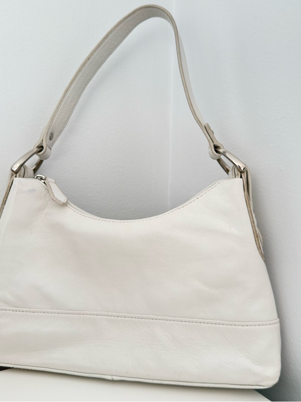 White Leather Shoulder Bag - Minimalist Women's Handbag